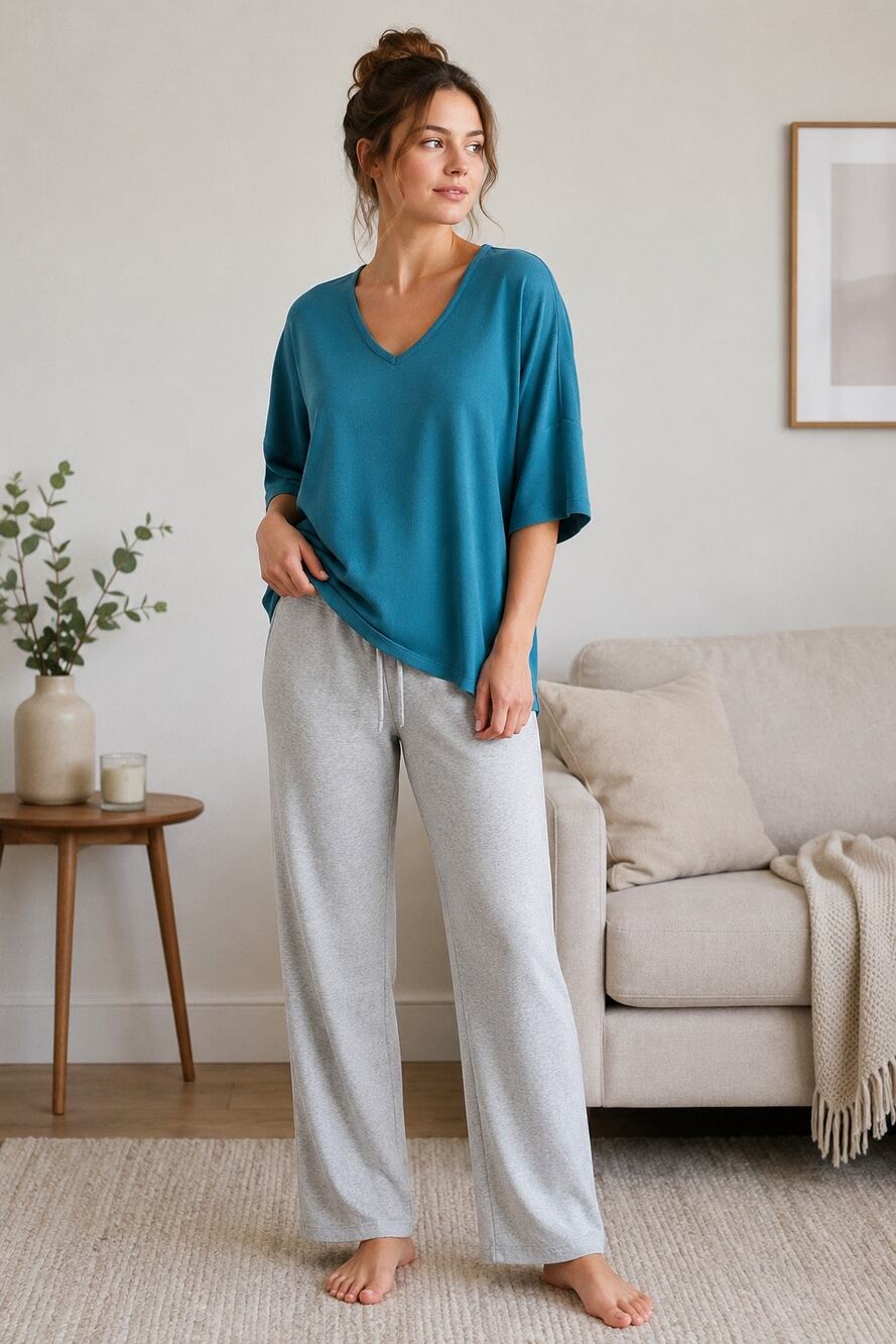 Natori Tranquility Waffle Knit V-Neck Top XL Teal Lounge Sleepwear NWT $58